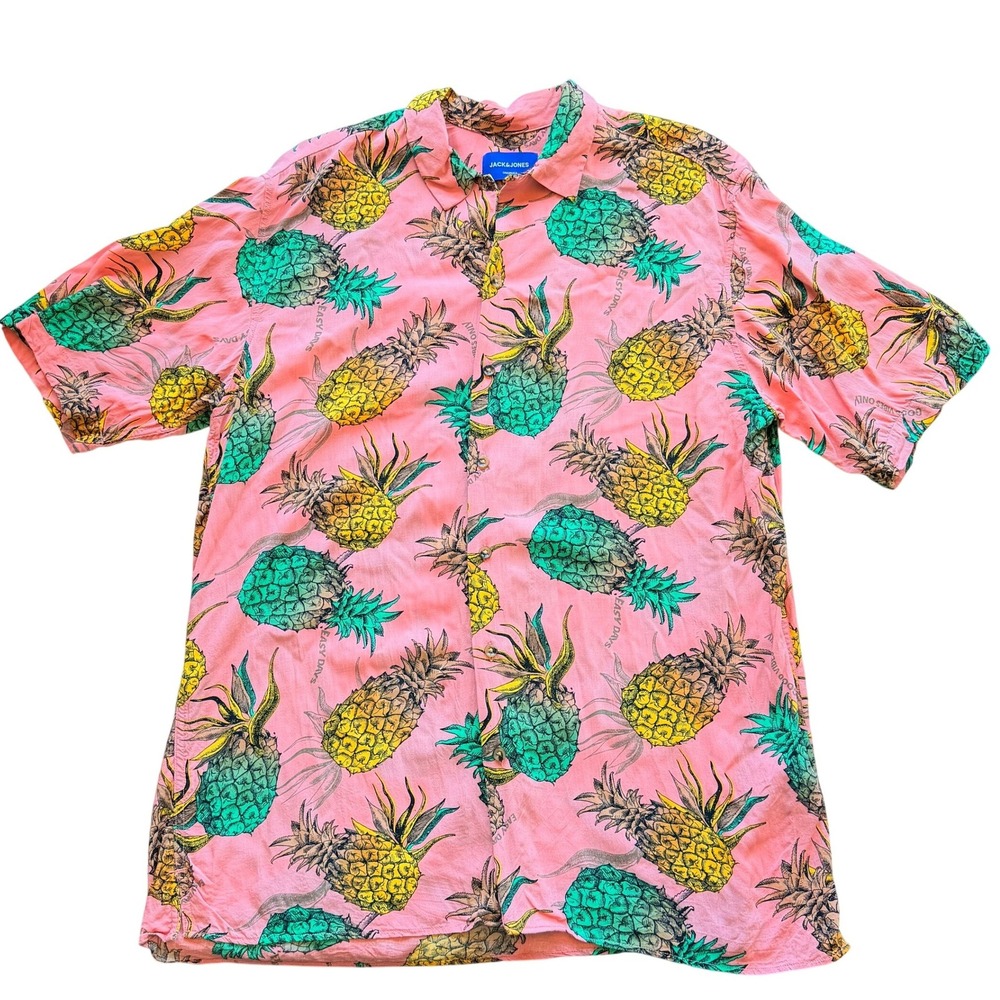 Jack & Jones Mens Pineapple Print Short Sleeve Button Up Shirt Pink Large‎ Vacay